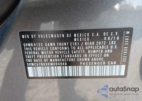 2019 Volkswagen Jetta 1.4T R-Line/1.4T S/1.4T Se from USA, damaged, VIN 3VWC57BU9KM094948